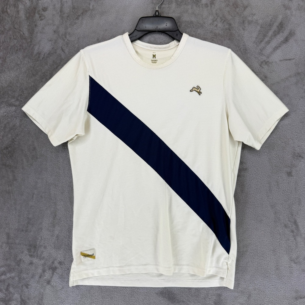 Tracksmith Running Shirt Mens Medium Ivory Navy Blue 2:09 Mesh Performance Tee